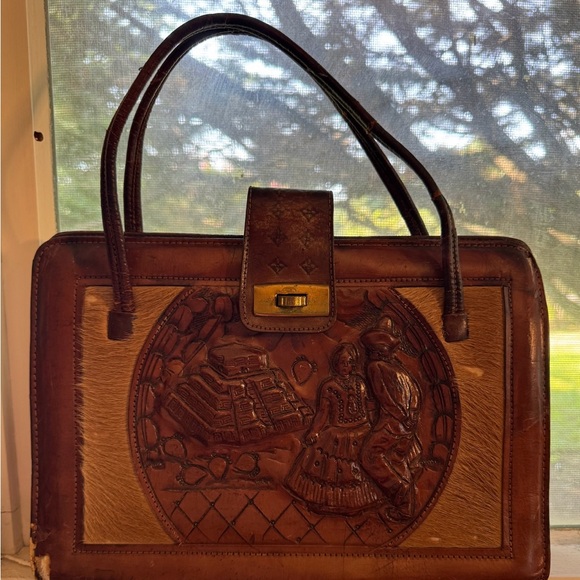Mont-Abur Handbags - MONT-ABUR Vintage 1970s Hand tooled Leather Cow Hide Satchel Made in Mexico